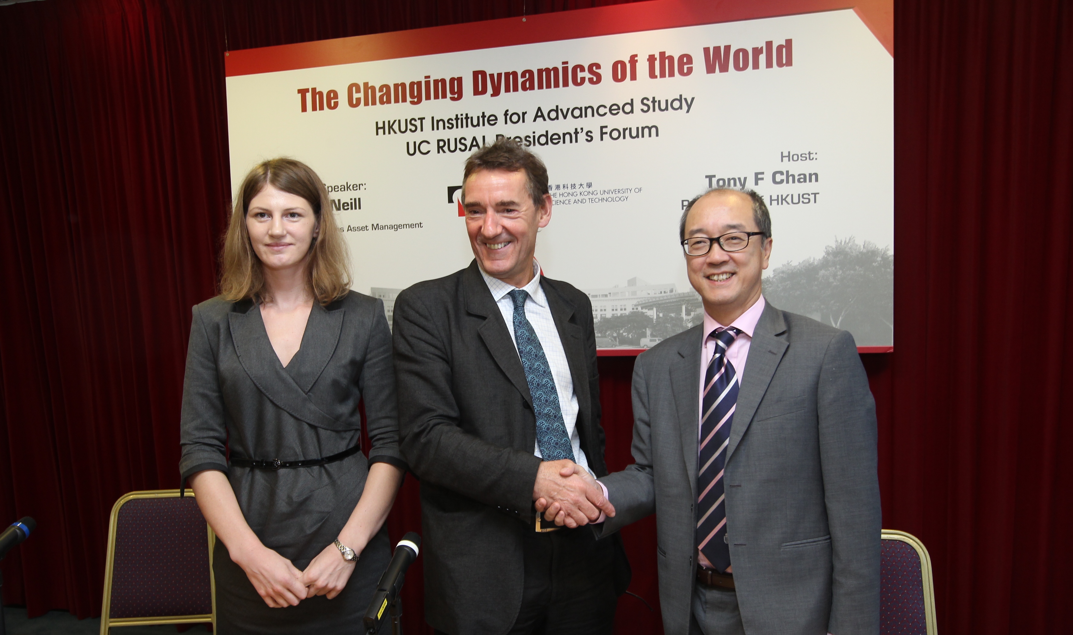 (From right) President Tony F Chan, Dr Jim O’Neill, and Ms Elena Morenko of UC RUSAL at the press conference