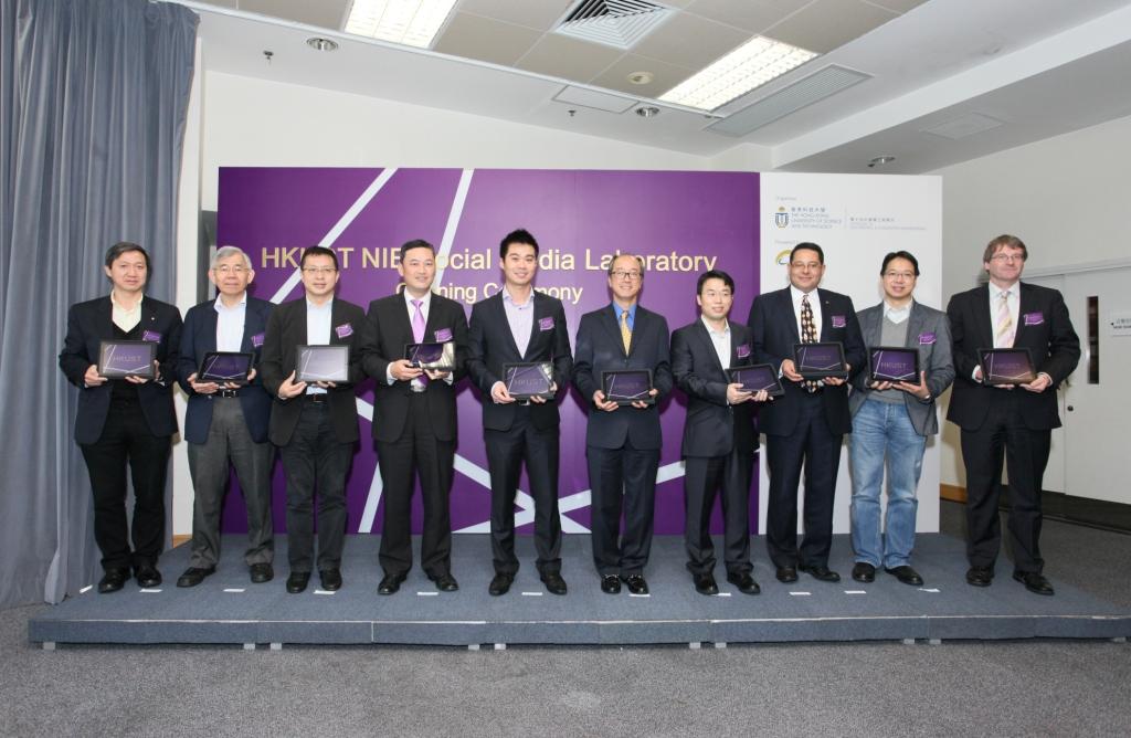 (From left) Prof Danny Tsang, Associate Director, HKUST NIE Social Media Laboratory, HKUST; Prof On-ching Yue, Science Advisor, Innovation & Technology Commission, HKSAR; Mr Samson Tam, JP, Member of Legislative Council, Information Technology; Mr Herman Lam, CEO, Hong Kong Cyberport Management Company Limited; Prof James She, Director, HKUST NIE Social Media Laboratory, HKUST; Prof Tony F Chan, President, HKUST; Mr Bill Nie, CEO, TS First Fortune Asset Management; Prof Khaled Ben Letaief, Dean, School of E