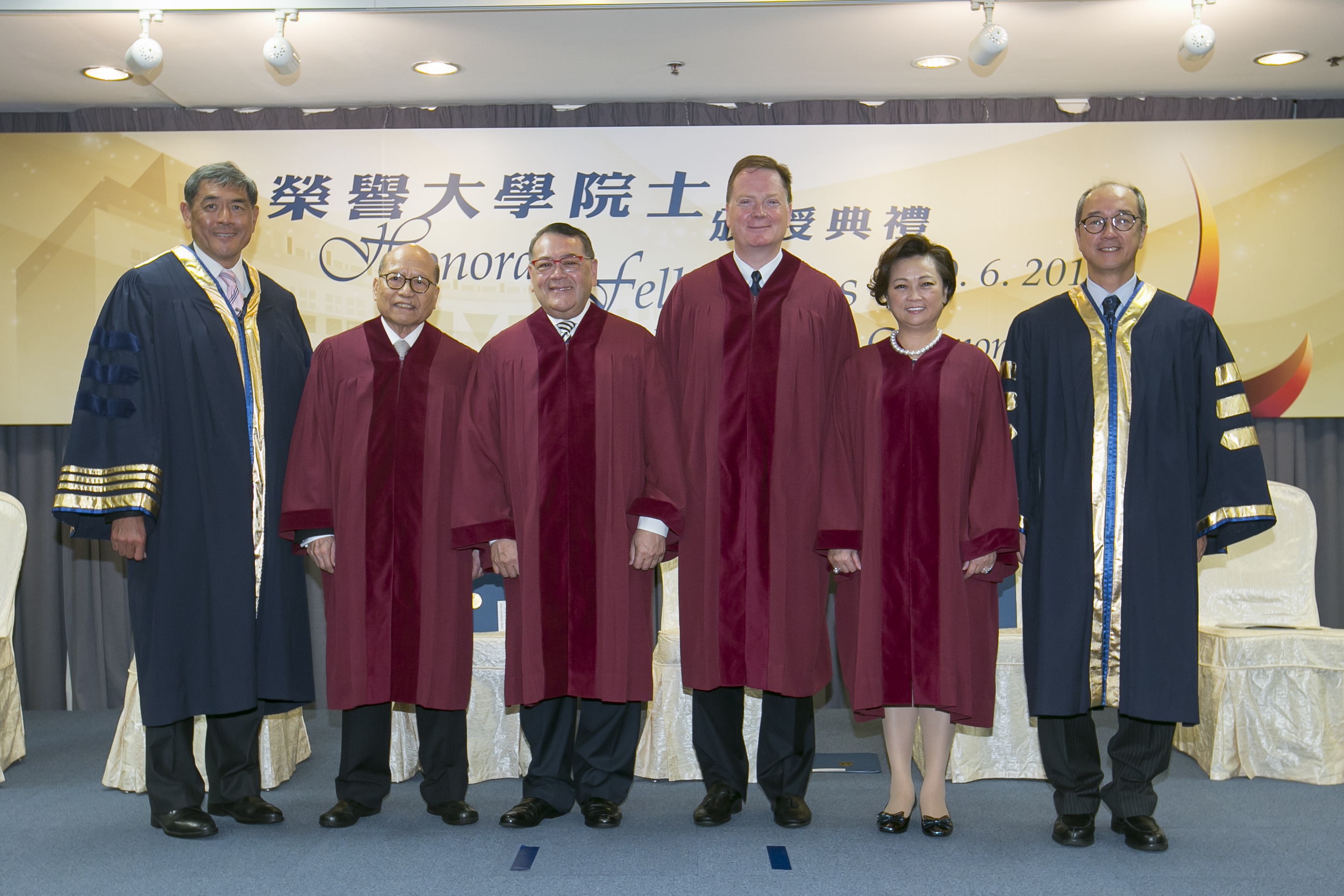  At the Honorary Fellowships Presentation Ceremony: (from left) Mr Martin Y Tang, Dr David Sin Wai-kin, The Hon Abraham Shek Lai-him, Mr Ron McEachern, Dr Winnie Ko Pui-shuen and Prof Tony F Chan.