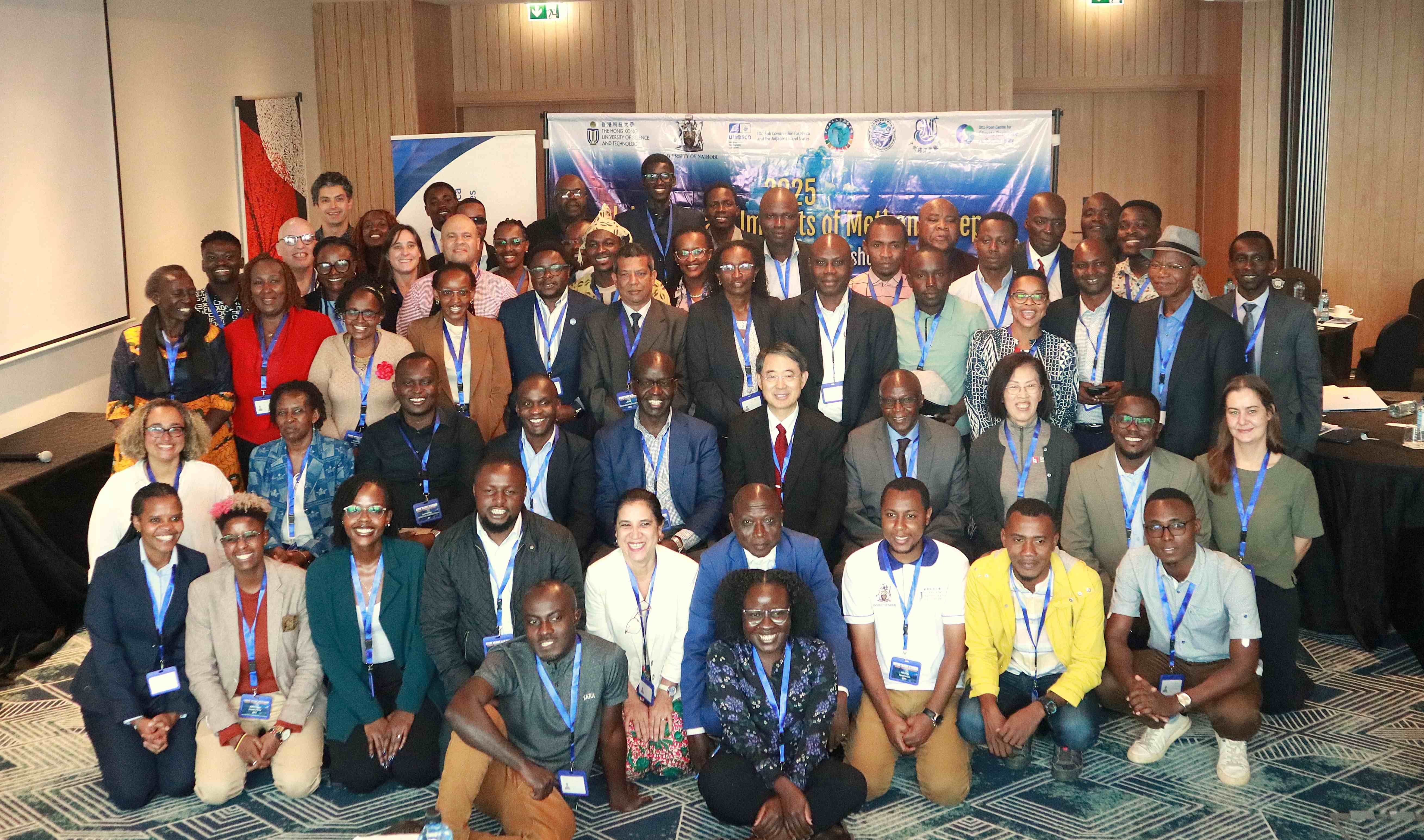 A group photo of Prof. QIAN Peiyuan (second row, fifth right) and the participants of the CliMetS-Africa Workshop, including Prof. Agnes MUTHUMBI (second row, second left) from University of Nairobi, co-organizer of the workshop, and Dr. Edwin MWASHINGA (second row, third left), Program Officer of IOC-UNESCO Africa.