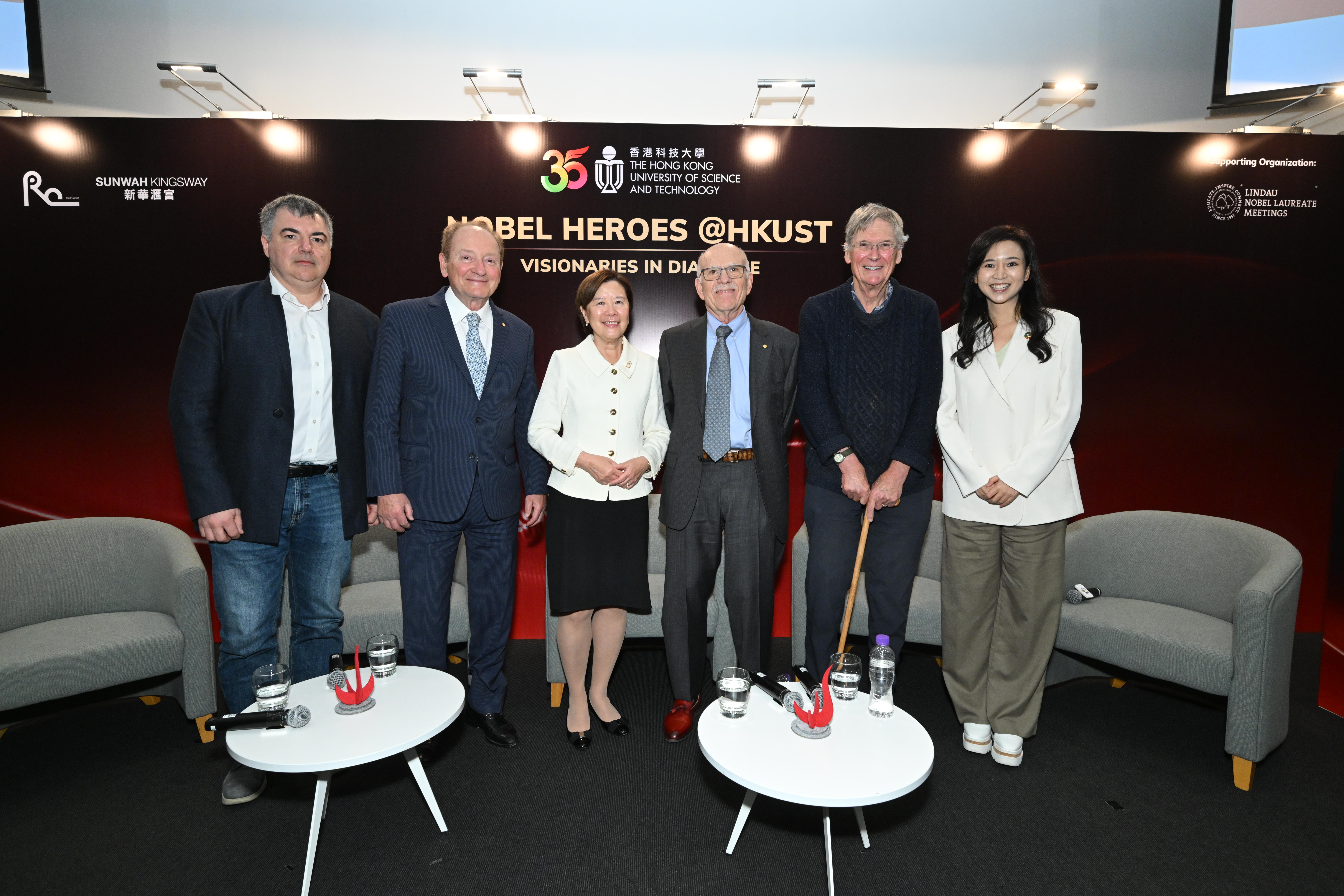 A group photo of the four Nobel Laureates Prof. Tim Hunt (second right), Prof. Louis J. Ignarro (third right), Prof. Robert C. Merton (second left), Prof. Konstantin Novoselov (first left), HKUST President Prof. Nancy Ip (third left), and HKUST Council Member and Adjunct Professor of the Department of Management, Prof. Poman Lo.