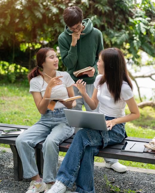 3 University students discussing notes