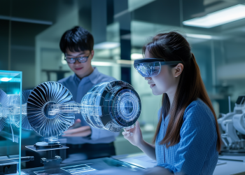 An AI-generated image showing students exploring mechanical and aerospace components via extended reality technology. An AI-generated image showing students exploring mechanical and aerospace components via extended reality technology.