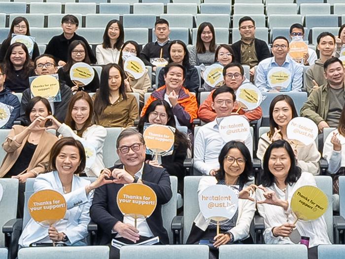 As a caring company, HKUST is committed to promote an employee-centric culture. The photo showcases a New Hires Orientation Program participated by HKUST Vice-President for Administration and Business Prof. TAM Kar-Yan (front row, fourth left). 